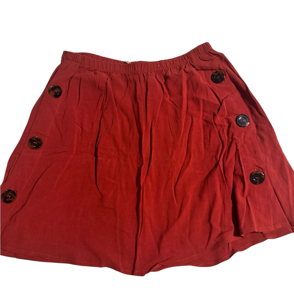 Toluca A-Line Skirt in Bold Brick Red with Button Accents. Viscose-Linen Blend. - Picture 3 of 7